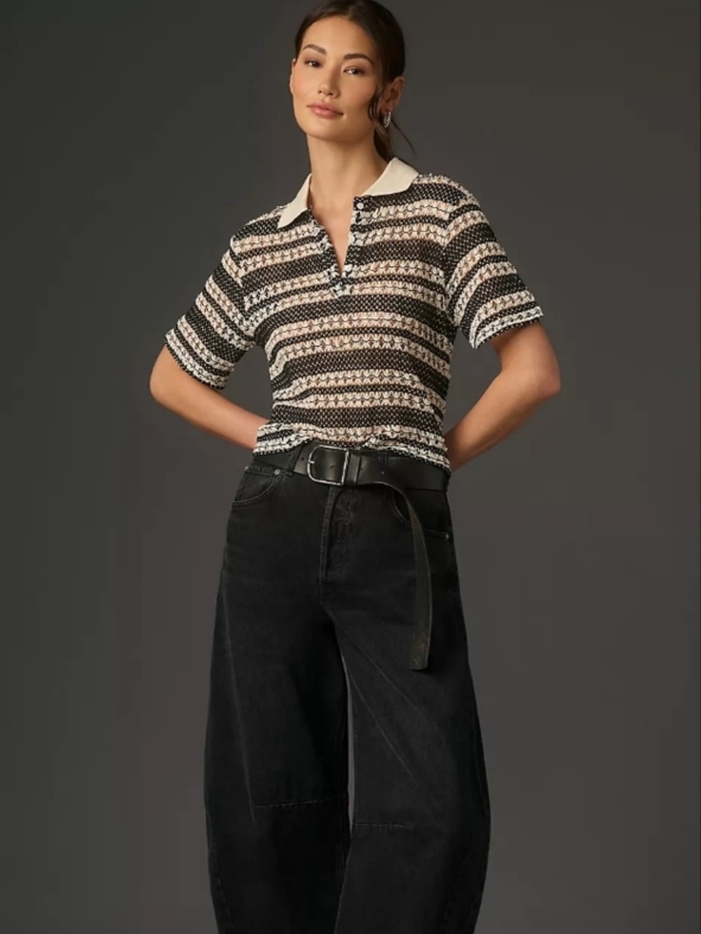 Blue Tassel Crochet Knit Striped Polo Top